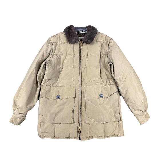 Vtg 70s Eddie Bauer M Goose Down Quilted Puffer Jacket Sherpa Fur Collar Beige